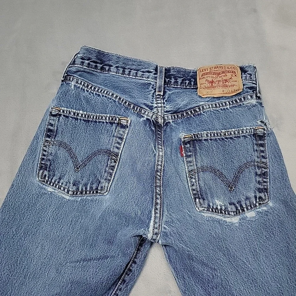 Levi's Jeans Mens 30x34 Faded Blue 501 Button Fly Straight Leg Distressed Denim